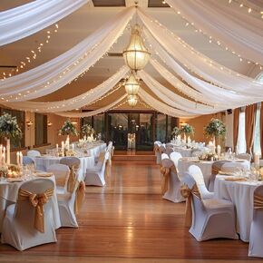 Ivory Ceiling Drapes with Lights String for Weddings, 6 Panels 5ftx10ft Sheer Tulle Curtain Drapes for Wedding Ceremony Birthday Party Arch Decoration