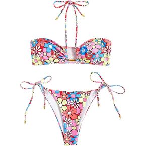 WDIRARA Women's Floral Print Tie Side Halter Bikini Swimsuit Two Piece Bathing Suit