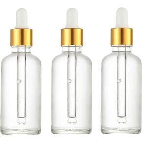3Pcs Portable Empty Refillable Clear Glass Essential Oil Dropper Bottles Makeup Cosmetic Sample Container Jars With Glass Eye Dropper and White Rubber Cap(50ml/1.7oz)