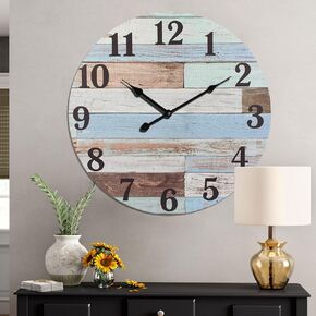 Round Wall Clock 24", Vintage Farmhouse Worn Blue, Beach Theme Silent Non Ticking Clock, Battery Operated for Living Room, Bedroom, Dining Room, Kitchen