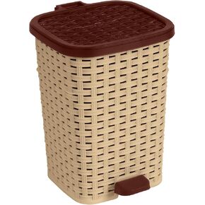 Superio Mini Trash Can with Foot Pedal Small Outdoor Garbage Can with Lid, 3 Gallon Plastic Waste Basket for Bathroom, Bedroom, Kitchen, Office, Patio (Wicker Beige 12 QT.)