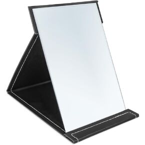 6x8 Inches Makeup Mirror, Portable PU Leather Folding Desktop Vanity Mirror with Adjustable Stand for Vanity Table, Office, Travel (M, Black)