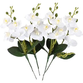 HUIANER Artificial Phalaenopsis Flowers 4 Pcs, 15" Fake Silk Orchids with Stem Leaves for Valentine's Day Home Office Wedding Party Décor (White)