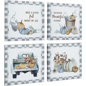 ArtbyHannah Fall Wall Decor Framed Fall Canvas Wall Art with Pumpkin Pictures Wall Decor for Autumn Decor Fall Decorations for Home Bathroom Office Living Room(12x12Inch 4pack)