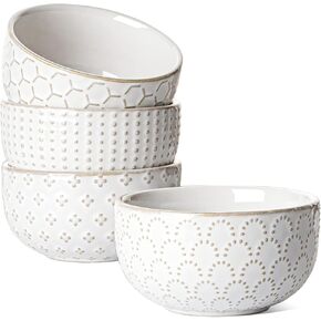 LE TAUCI Cereal bowls 26 OZ, Ceramic Soup Bowl for Kitchen, Embossment Stoneware Bowl for Pho, Chip, Fruits, Salad, Noodle, Ramen, Suit For Housewarming - 6 Inch, Set of 4, Arctic white