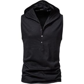 Men's Tank Top Cotton Hooded Shirts Sleeveless Henley T Shirt Workout Casual Hoodies Muscle Gym Vest
