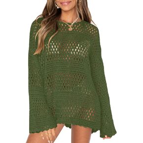 Beach Crochet Cover Ups for Women Hollow Out Swimsuits Cover Up Long Sleeve Mesh Knit Bathing Suit Coverups