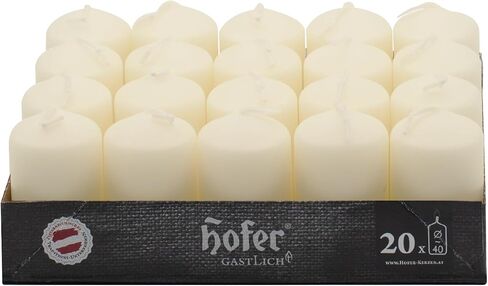 Hofer Ivory Pillar Candles - Set of 20 Unscented Small Candles in Bulk - 1.57 x 2.76 Inch - 11 Hours Long Burning Decorative Candles - Dripless Wax - Smokeless Wick - RAL Quality - Made in Austria in Saudi Arabia