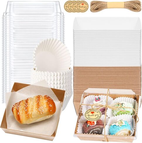 100 عبوة من صناديق الفحم الورقية مع أغطية شفافة، صناديق كعكة الساندويش المربعة للاستعمال مرة واحدة، حاويات طعام مع 200 قطعة من بطانات الكب كيك و50 ورقة من الورق الطارد للزيوت in Kuwait