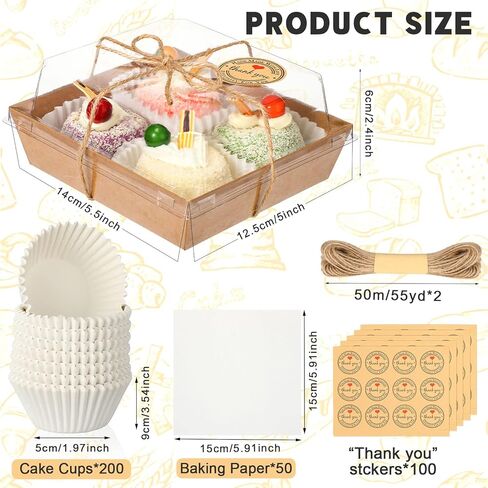 100 عبوة من صناديق الفحم الورقية مع أغطية شفافة، صناديق كعكة الساندويش المربعة للاستعمال مرة واحدة، حاويات طعام مع 200 قطعة من بطانات الكب كيك و50 ورقة من الورق الطارد للزيوت in Kuwait