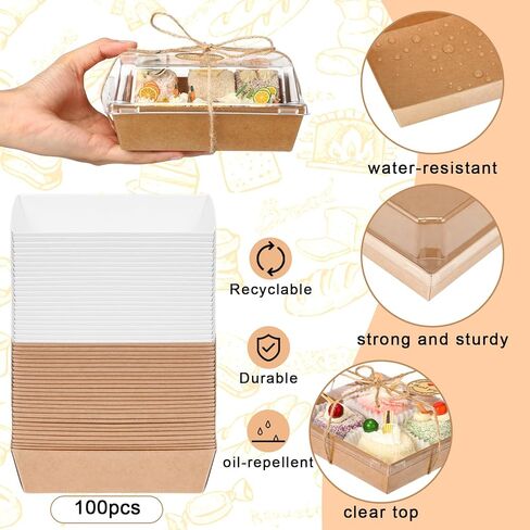 100 عبوة من صناديق الفحم الورقية مع أغطية شفافة، صناديق كعكة الساندويش المربعة للاستعمال مرة واحدة، حاويات طعام مع 200 قطعة من بطانات الكب كيك و50 ورقة من الورق الطارد للزيوت in Kuwait