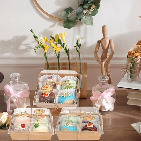 100 عبوة من صناديق الفحم الورقية مع أغطية شفافة، صناديق كعكة الساندويش المربعة للاستعمال مرة واحدة، حاويات طعام مع 200 قطعة من بطانات الكب كيك و50 ورقة من الورق الطارد للزيوت in Kuwait