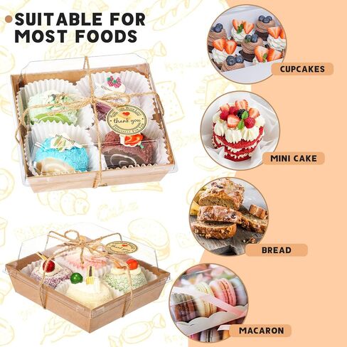 100 عبوة من صناديق الفحم الورقية مع أغطية شفافة، صناديق كعكة الساندويش المربعة للاستعمال مرة واحدة، حاويات طعام مع 200 قطعة من بطانات الكب كيك و50 ورقة من الورق الطارد للزيوت in Kuwait