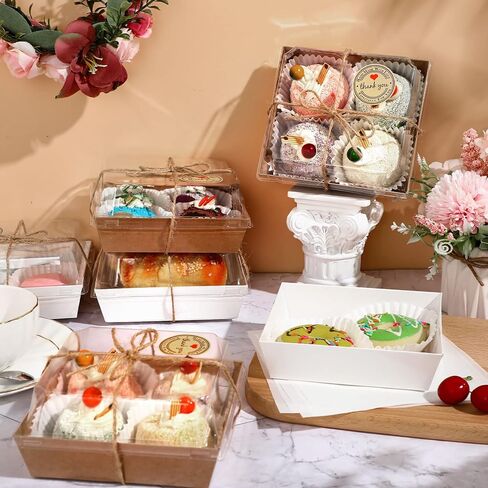 100 عبوة من صناديق الفحم الورقية مع أغطية شفافة، صناديق كعكة الساندويش المربعة للاستعمال مرة واحدة، حاويات طعام مع 200 قطعة من بطانات الكب كيك و50 ورقة من الورق الطارد للزيوت in Kuwait