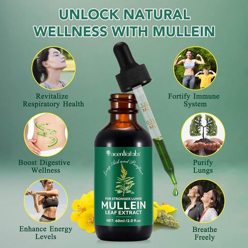 Mullein Drops for Lungs - Mullein Leaf Extract for Lungs - Support Lung Cleanse & Respiratory Function for Healthy Breathing Cleanse - Natural & Safe Supplement, 2 Fl Oz, 1 Month Supply in Kuwait