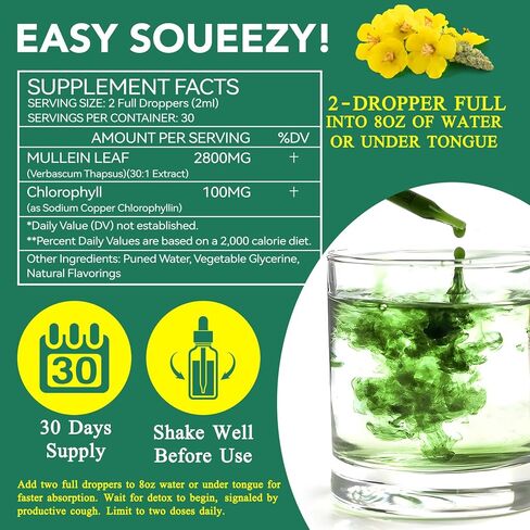 Mullein Drops for Lungs - Mullein Leaf Extract for Lungs - Support Lung Cleanse & Respiratory Function for Healthy Breathing Cleanse - Natural & Safe Supplement, 2 Fl Oz, 1 Month Supply in Kuwait