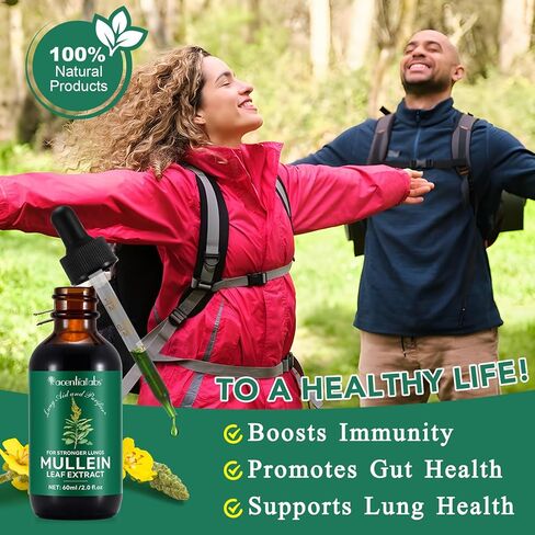 Mullein Drops for Lungs - Mullein Leaf Extract for Lungs - Support Lung Cleanse & Respiratory Function for Healthy Breathing Cleanse - Natural & Safe Supplement, 2 Fl Oz, 1 Month Supply in Kuwait