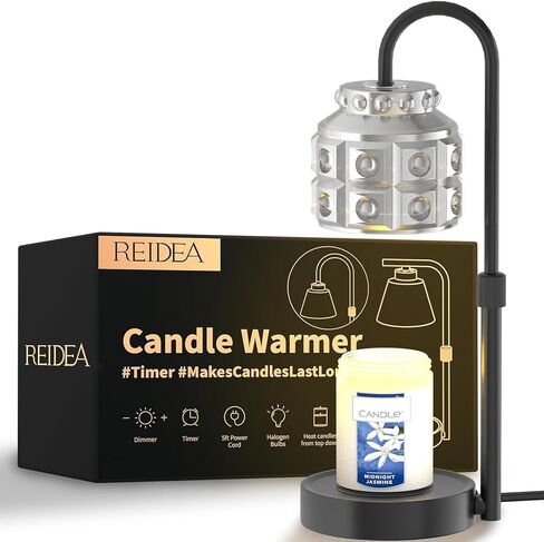 مصباح تدفئة الشموع من REIDEA مع مؤقت وخافت، ارتفاع قابل للتعديل للشموع المعطرة بجرة 3 فتائل كبيرة (حتى D-4 / H-5.5 بوصة)، آمن وفعال، معدن + زجاج، أسود سبج in Kuwait