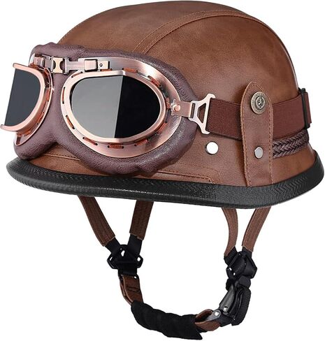 German Style Motorcycle Helmet, Retro Leather Motorcycle Half Helmet Skull Cap for Adult Men Women, Vintage Open Face Half Shell Helmet for Cruiser Scooter Chopper, DOT Approved in Saudi Arabia