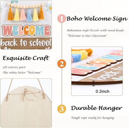 toarti boho 3d ترحيب الفصول الدراسية علامة الباب شنقا، زهرة ملونة العودة إلى المدرسة جدار علامة مع شرابات حبة بيضاء، ريفي ترحيب جدار الديكور لمكتب المشورة المعلم المدرسة الفصول الدراسية in Kuwait