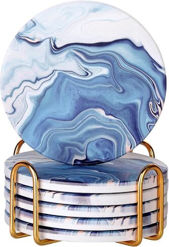 Absorbent Pink Marble Ceramic Coasters for Drinks with Gold Holder and Cork Base Set of 6 Round Decorative Tabletop Protection for Coffee Table Bar Kitchen Home and Dining Room in Saudi Arabia