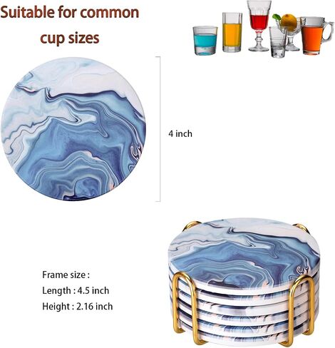 Absorbent Pink Marble Ceramic Coasters for Drinks with Gold Holder and Cork Base Set of 6 Round Decorative Tabletop Protection for Coffee Table Bar Kitchen Home and Dining Room in Saudi Arabia