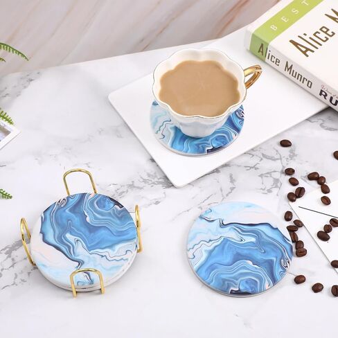 Absorbent Pink Marble Ceramic Coasters for Drinks with Gold Holder and Cork Base Set of 6 Round Decorative Tabletop Protection for Coffee Table Bar Kitchen Home and Dining Room in Saudi Arabia