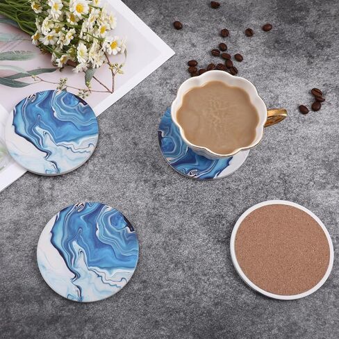 Absorbent Pink Marble Ceramic Coasters for Drinks with Gold Holder and Cork Base Set of 6 Round Decorative Tabletop Protection for Coffee Table Bar Kitchen Home and Dining Room in Saudi Arabia