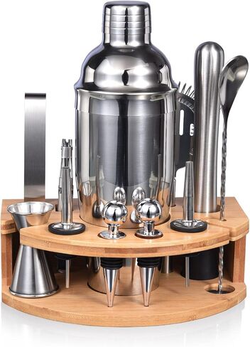 Bartender Kit with Stylish Bamboo Stand, 12 Piece 25oz Cocktail Shaker Set for Mixed Drink, Professional Stainless Steel Bar Tool Set with Cocktail Recipes Bookle, Gift for Man Dad Friend in Saudi Arabia