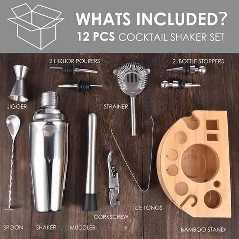 Bartender Kit with Stylish Bamboo Stand, 12 Piece 25oz Cocktail Shaker Set for Mixed Drink, Professional Stainless Steel Bar Tool Set with Cocktail Recipes Bookle, Gift for Man Dad Friend in Saudi Arabia