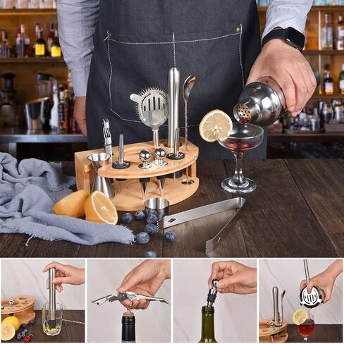 Bartender Kit with Stylish Bamboo Stand, 12 Piece 25oz Cocktail Shaker Set for Mixed Drink, Professional Stainless Steel Bar Tool Set with Cocktail Recipes Bookle, Gift for Man Dad Friend in Saudi Arabia
