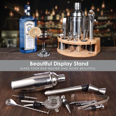 Bartender Kit with Stylish Bamboo Stand, 12 Piece 25oz Cocktail Shaker Set for Mixed Drink, Professional Stainless Steel Bar Tool Set with Cocktail Recipes Bookle, Gift for Man Dad Friend in Saudi Arabia