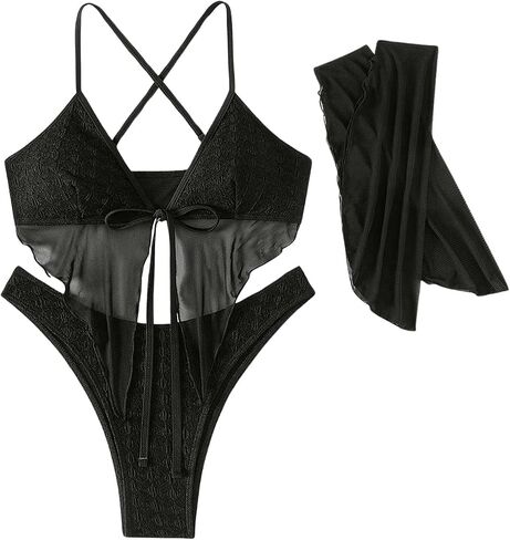 GORGLITTER Women's 3 Piece Mesh Bikini Set Split Frill Trim Triangle Top High Cut Swimsuit with Arm Sleeve in Saudi Arabia