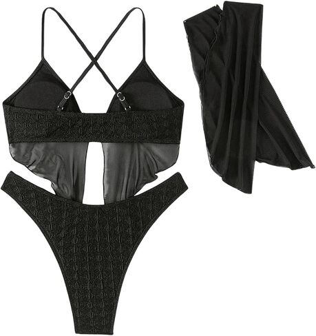 GORGLITTER Women's 3 Piece Mesh Bikini Set Split Frill Trim Triangle Top High Cut Swimsuit with Arm Sleeve in Saudi Arabia