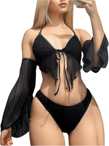 GORGLITTER Women's 3 Piece Mesh Bikini Set Split Frill Trim Triangle Top High Cut Swimsuit with Arm Sleeve in Saudi Arabia