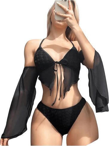 GORGLITTER Women's 3 Piece Mesh Bikini Set Split Frill Trim Triangle Top High Cut Swimsuit with Arm Sleeve in Saudi Arabia