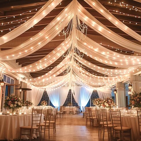 White Ceiling Drapes with Lights String for Weddings, 6 Panels 5ftx10ft Sheer Tulle Backdrop Photo Background Drapes for Wedding Ceremony Birthday Party Arch Decoration in Saudi Arabia