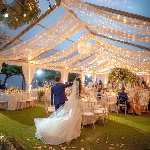 White Ceiling Drapes with Lights String for Weddings, 6 Panels 5ftx10ft Sheer Tulle Backdrop Photo Background Drapes for Wedding Ceremony Birthday Party Arch Decoration in Saudi Arabia