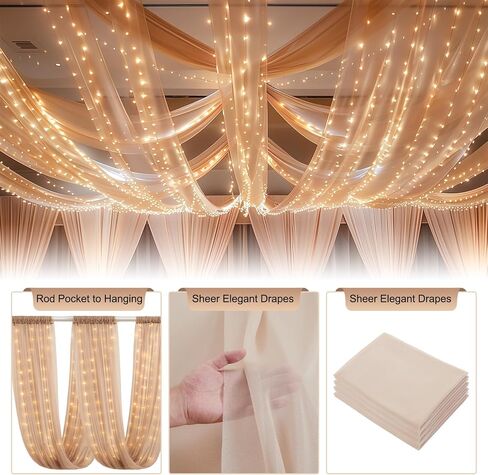 White Ceiling Drapes with Lights String for Weddings, 6 Panels 5ftx10ft Sheer Tulle Backdrop Photo Background Drapes for Wedding Ceremony Birthday Party Arch Decoration in Saudi Arabia