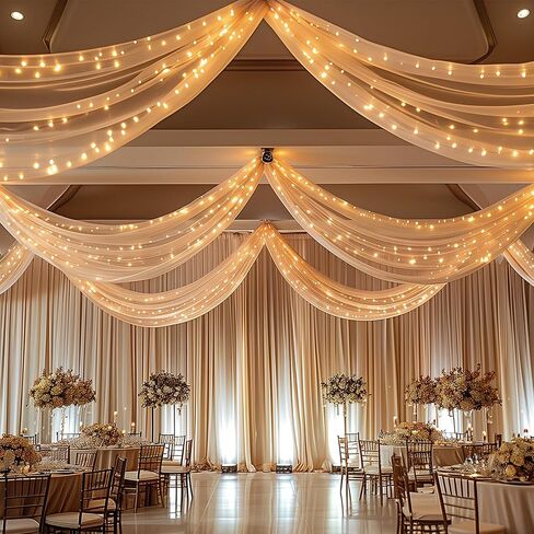White Ceiling Drapes with Lights String for Weddings, 6 Panels 5ftx10ft Sheer Tulle Backdrop Photo Background Drapes for Wedding Ceremony Birthday Party Arch Decoration in Saudi Arabia