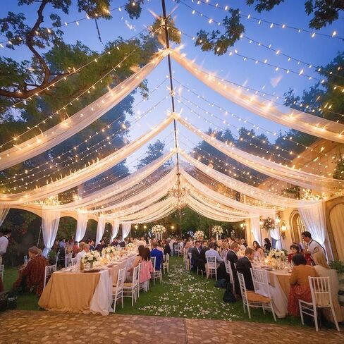 White Ceiling Drapes with Lights String for Weddings, 6 Panels 5ftx10ft Sheer Tulle Backdrop Photo Background Drapes for Wedding Ceremony Birthday Party Arch Decoration in Saudi Arabia