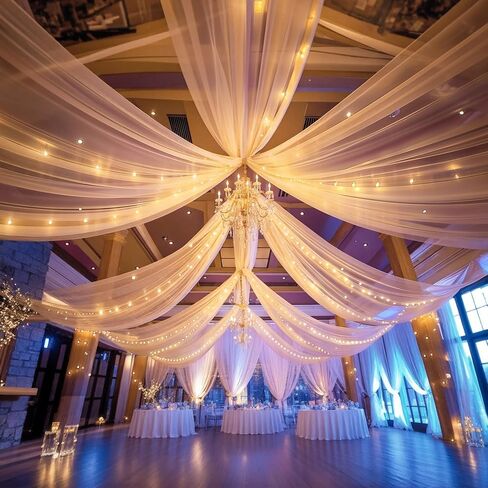 White Ceiling Drapes with Lights String for Weddings, 6 Panels 5ftx10ft Sheer Tulle Backdrop Photo Background Drapes for Wedding Ceremony Birthday Party Arch Decoration in Saudi Arabia
