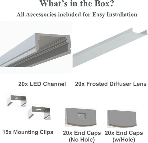 LEDPROFILES 5-Pack 8ft (2.4Meter) LED Aluminum Channel with Frosted Diffuser, End Caps and Mounting Accessories - 1971 Series LED Profile Extrusion Upto 12mm/0.47" Wide LED Strip Light in Saudi Arabia