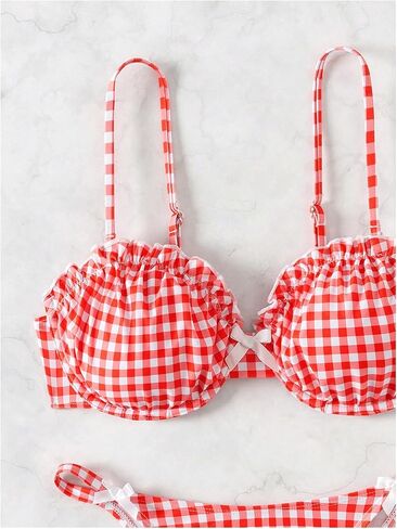 المرأة 2 قطعة Y2K القماش القطني القوس الجبهة مجموعة البكيني Underwire بيكيني ثونغ ملابس السباحة عالية الخصر ثوب السباحة بحر أحمر صغير in Kuwait