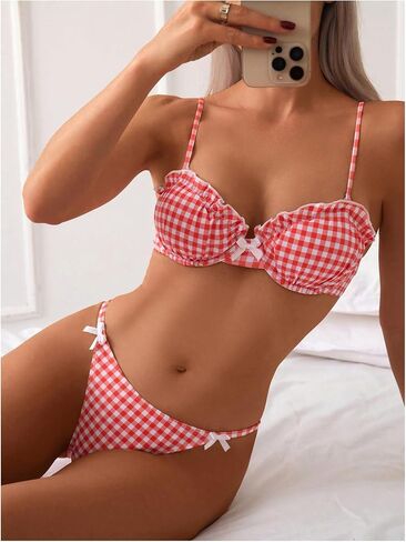 المرأة 2 قطعة Y2K القماش القطني القوس الجبهة مجموعة البكيني Underwire بيكيني ثونغ ملابس السباحة عالية الخصر ثوب السباحة بحر أحمر صغير in Kuwait