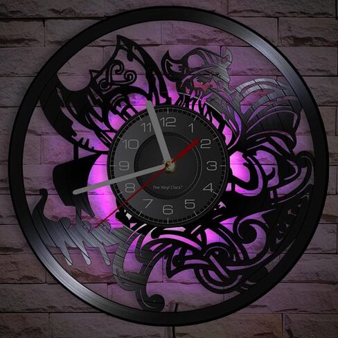 12 بوصة فايكنغ LED ساعة حائط من الفينيل مع 7 ألوان متغيرة، كوارتز صامت غير موقوتة فايكنغ جدار الفن رجل كهف ليلة ضوء ساعة الحائط ساعة الزوج فايكنغ هدية ديكور غرفة نوم للرجال in Kuwait