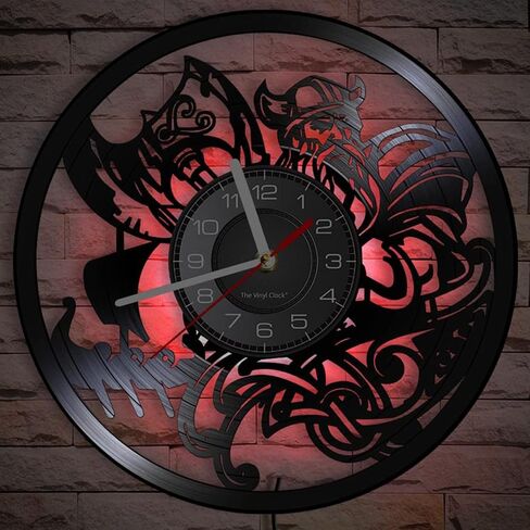 12 بوصة فايكنغ LED ساعة حائط من الفينيل مع 7 ألوان متغيرة، كوارتز صامت غير موقوتة فايكنغ جدار الفن رجل كهف ليلة ضوء ساعة الحائط ساعة الزوج فايكنغ هدية ديكور غرفة نوم للرجال in Kuwait