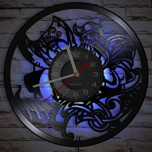 12 بوصة فايكنغ LED ساعة حائط من الفينيل مع 7 ألوان متغيرة، كوارتز صامت غير موقوتة فايكنغ جدار الفن رجل كهف ليلة ضوء ساعة الحائط ساعة الزوج فايكنغ هدية ديكور غرفة نوم للرجال in Kuwait