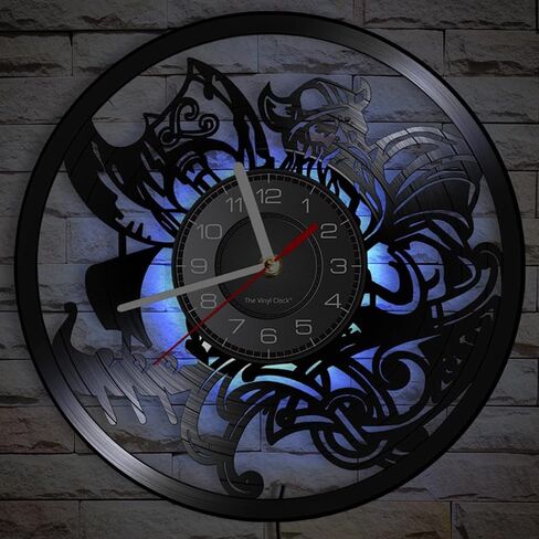 12 بوصة فايكنغ LED ساعة حائط من الفينيل مع 7 ألوان متغيرة، كوارتز صامت غير موقوتة فايكنغ جدار الفن رجل كهف ليلة ضوء ساعة الحائط ساعة الزوج فايكنغ هدية ديكور غرفة نوم للرجال in Kuwait