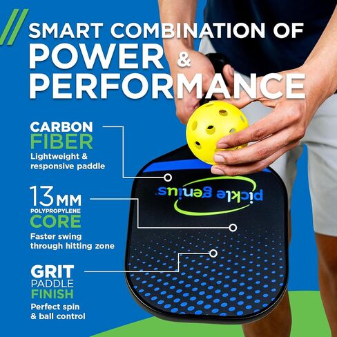Pickleball Paddles by Pickle Genius - USAPA Approved 100% Raw Carbon Fiber Pickleball Paddle - Built-in State of The Art Technology for a Smart Combination of Power and Control - for All Levels in Saudi Arabia